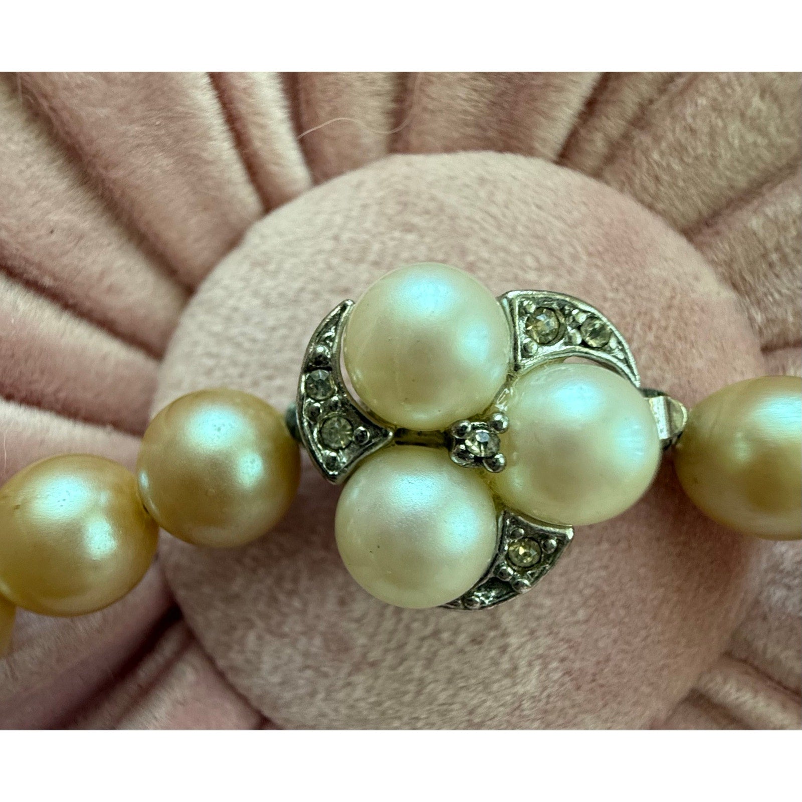 Vintage 1950s Hand-Knotted Faux Pearl Opera Necklace Ornate Rhinestone Clasp