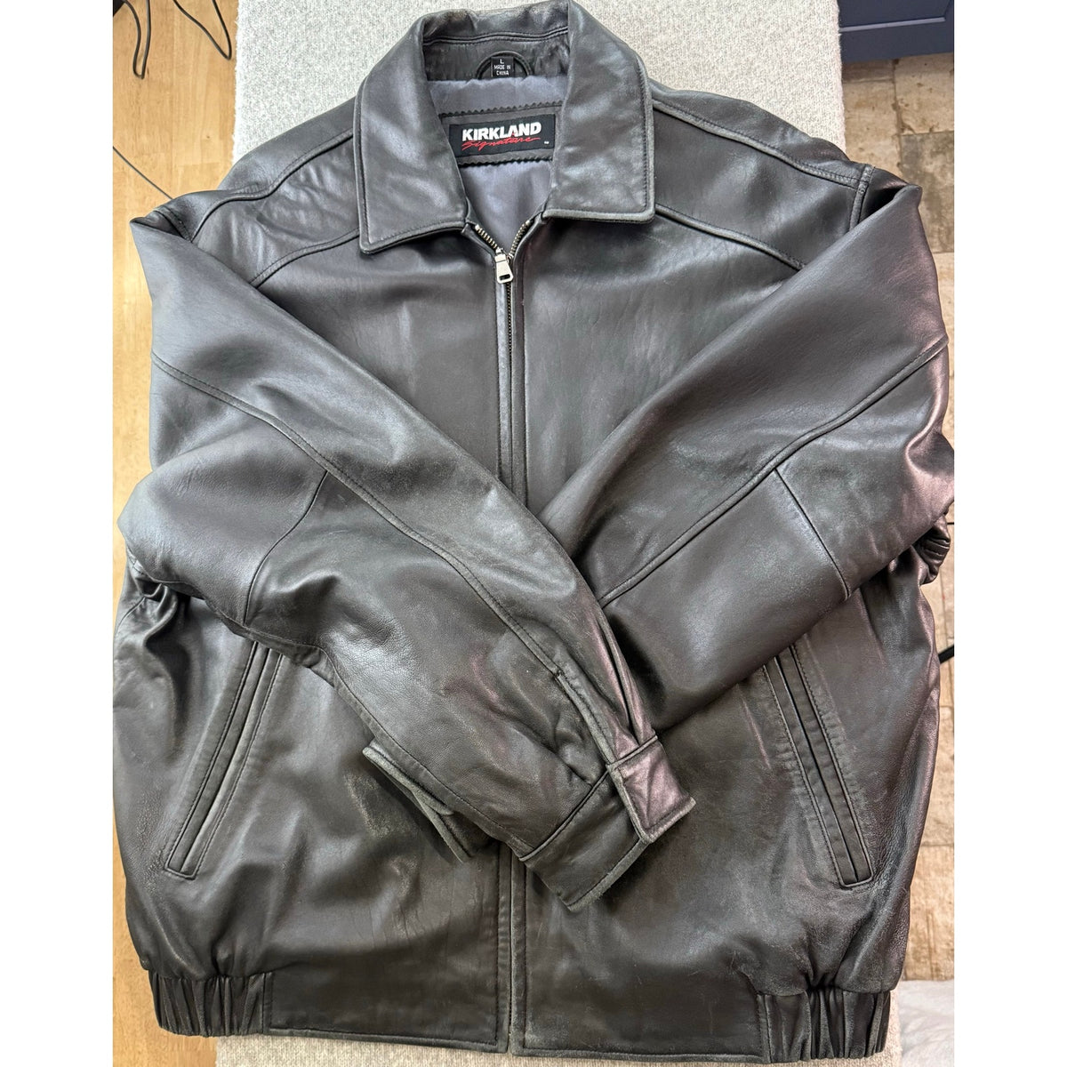 Kirkland Signature Vintage Black Leather Bomber Jacket 50 Chest Mens Flight Coat