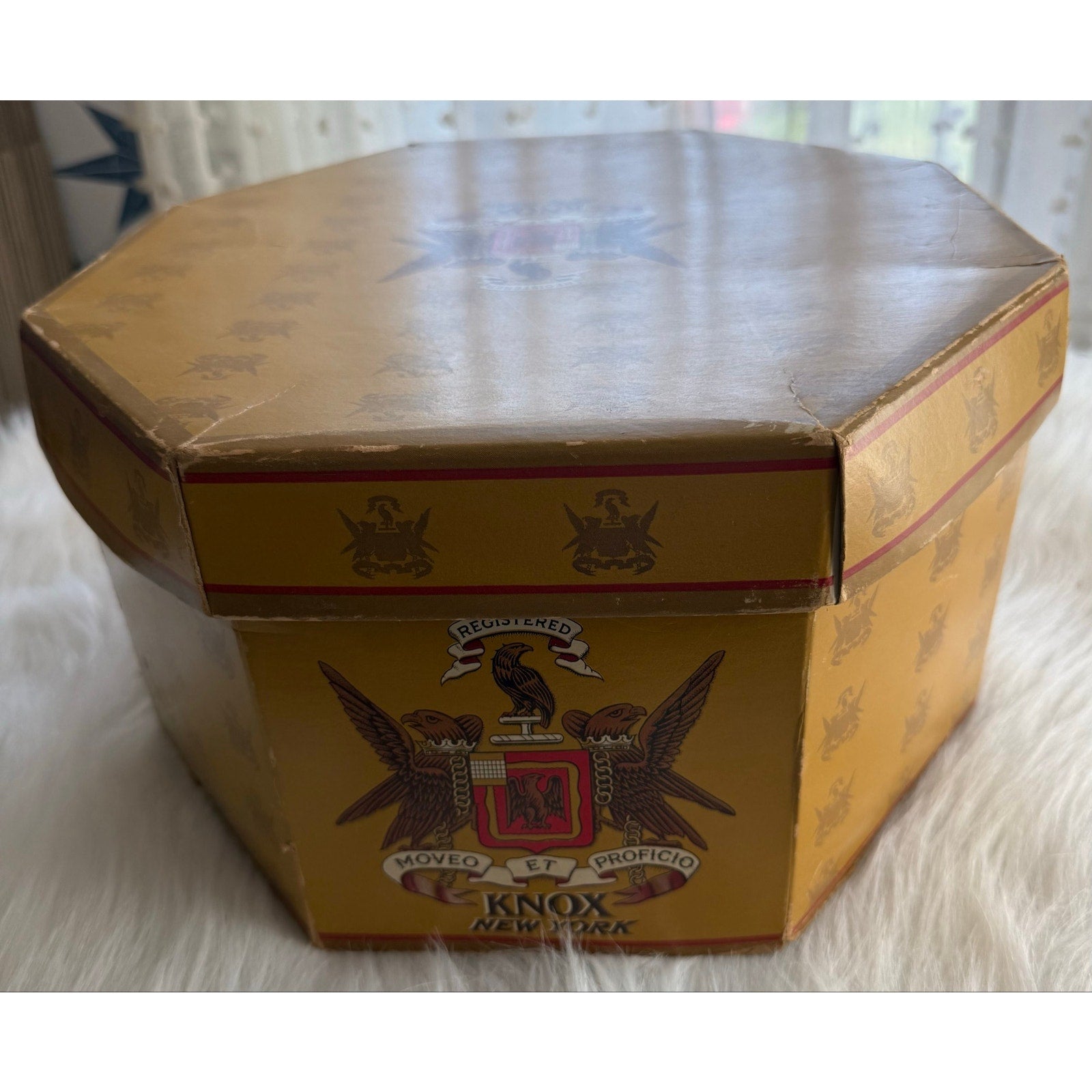 Vintage 1950s Knox NY Octagonal Hat Box Gold Cardboard Mid Century Prop Insert