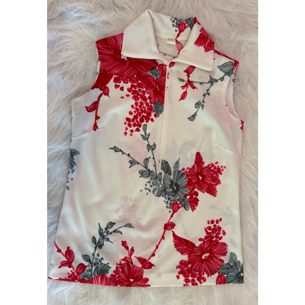 Vtg 70s Floral Half Zip Front Top Dagger Collar Polyester Sleeveless Blouse