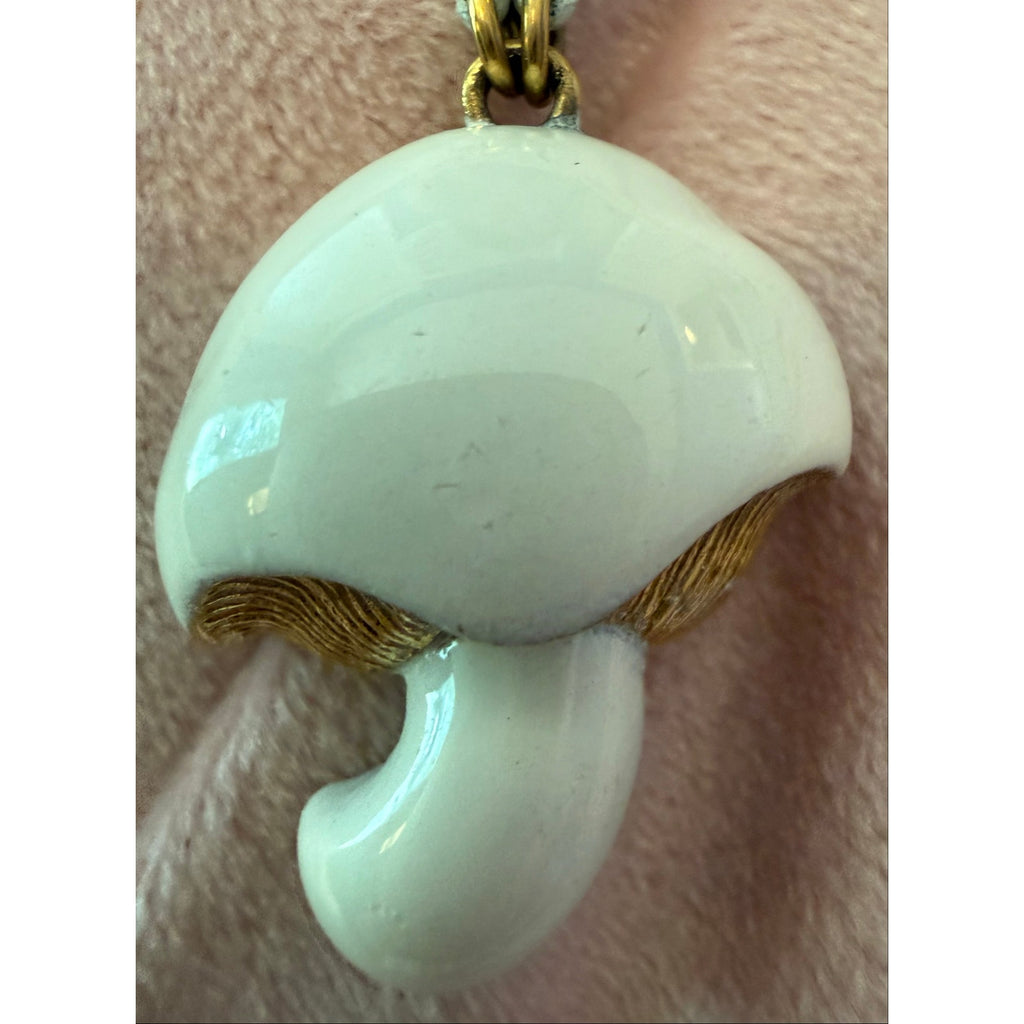 Vintage 1970s Signed Monet White Enamel Mushroom Pendant Necklace