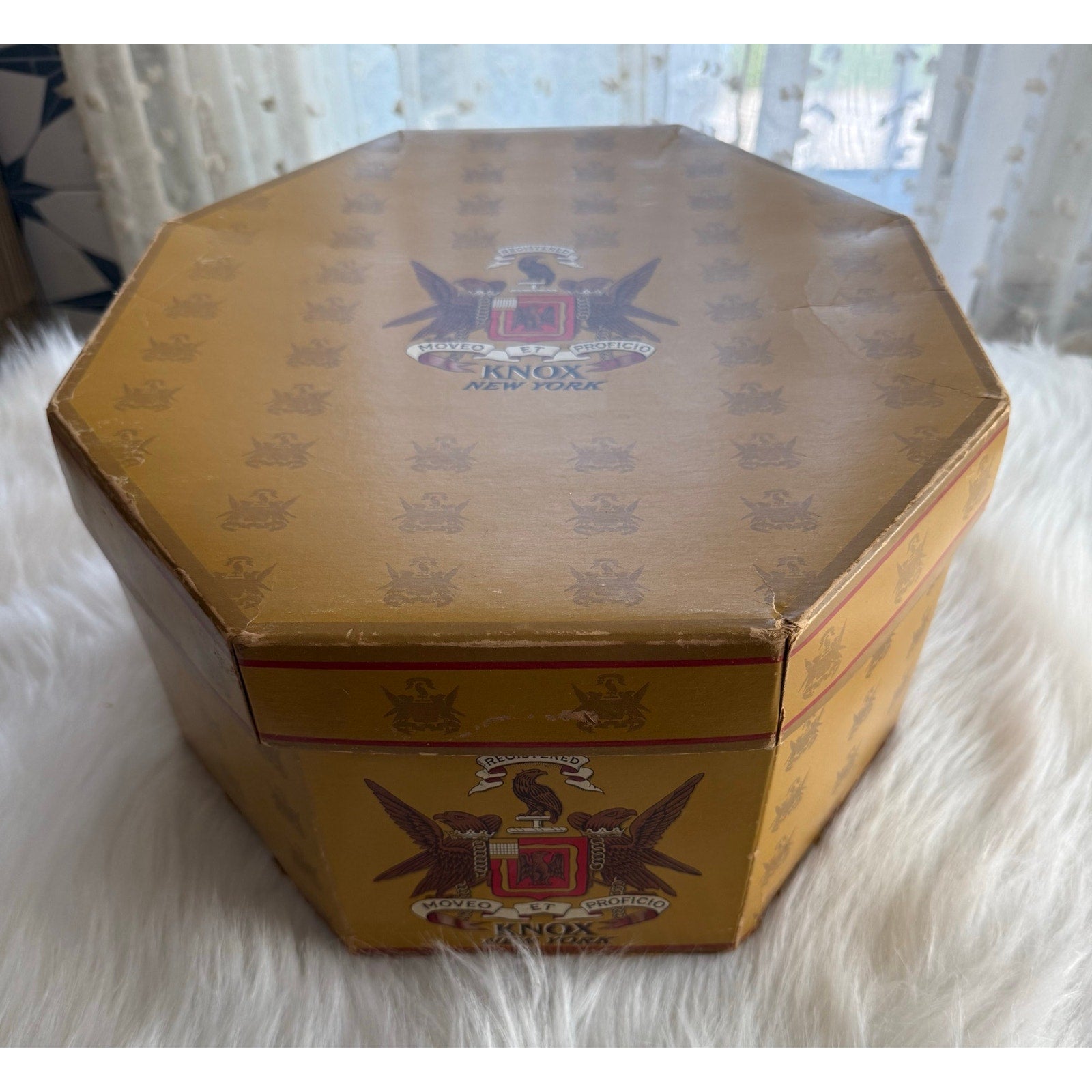 Vintage 1950s Knox NY Octagonal Hat Box Gold Cardboard Mid Century Prop Insert