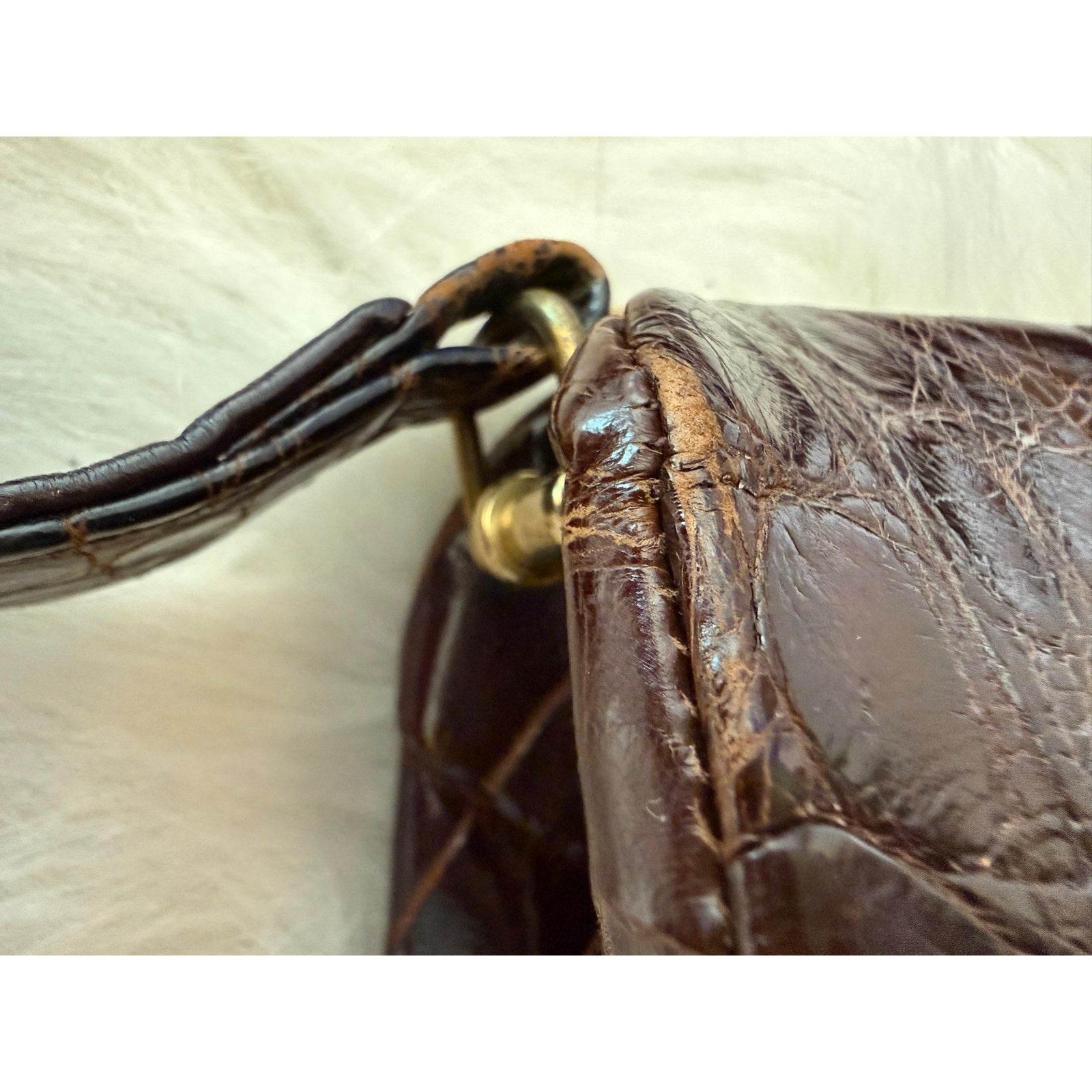 Vintage 1960s Genuine Alligator/Croc Handbag Structured Mid Century Brown Purse