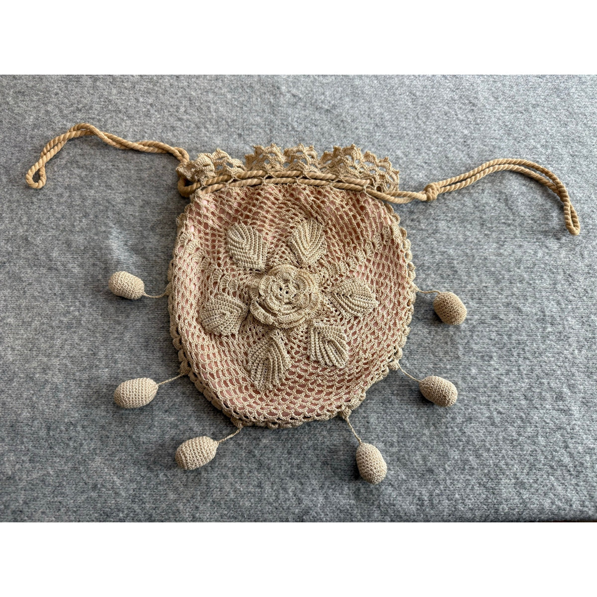 Handmade Irish Crochet Rose Doily Reticule Drawstring Bag Cottagecore Lace Purse