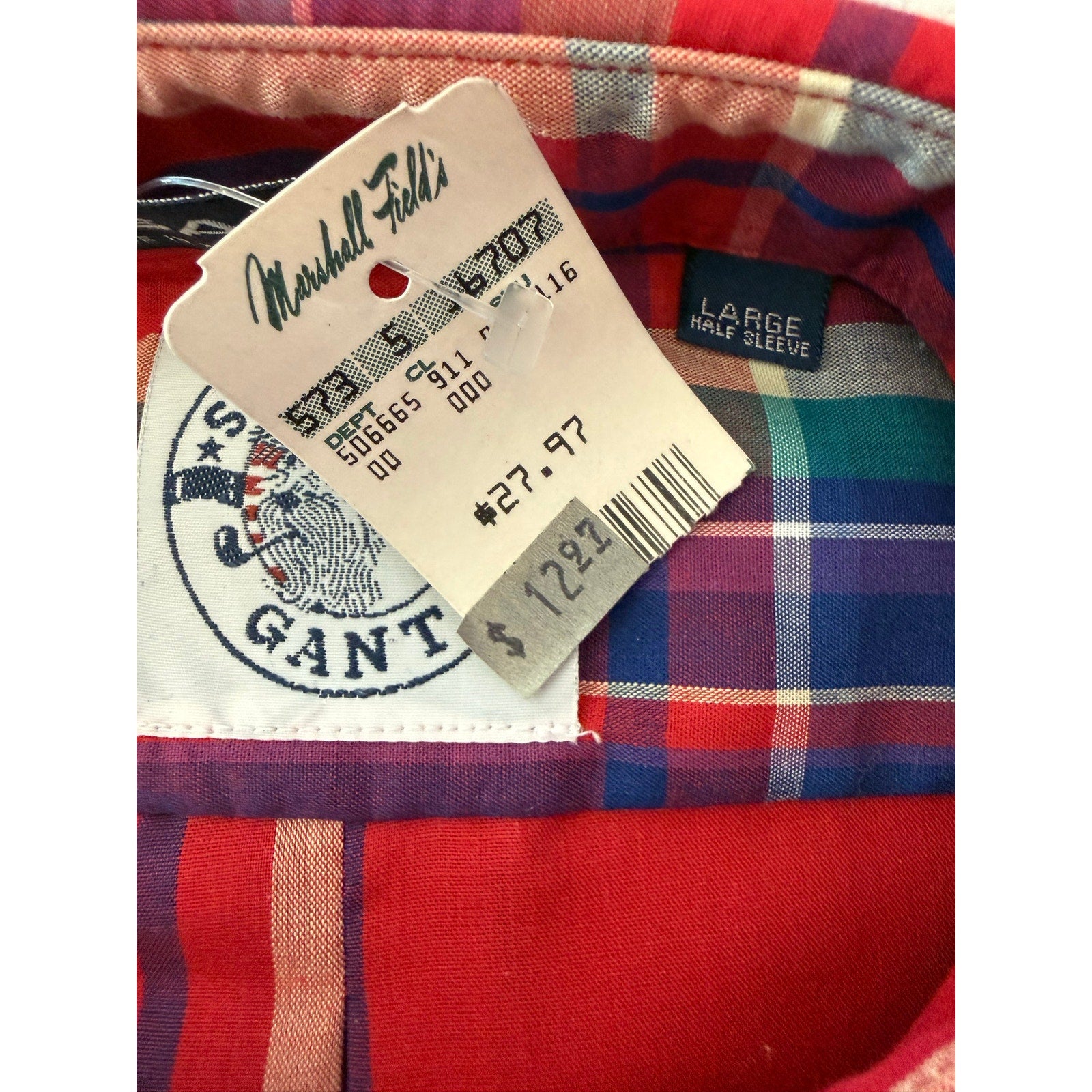 Vintage GANT Salty Dog Plaid Shirt L Short Sleeve Marshall Field's Tag NWT 1991