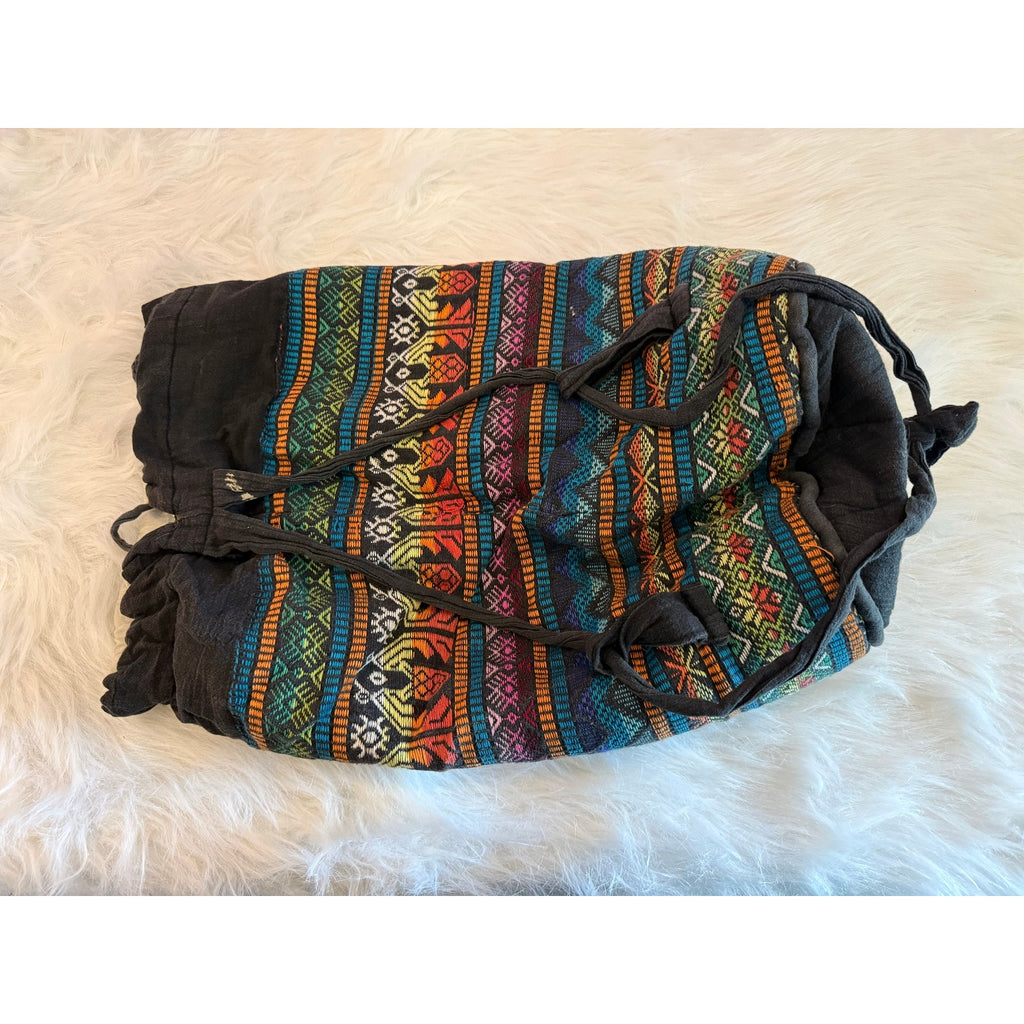 Vtg 80s Padded Aztec Tribal Woven Bucket Backpack Costa Rica Hippie Slouchy Bag