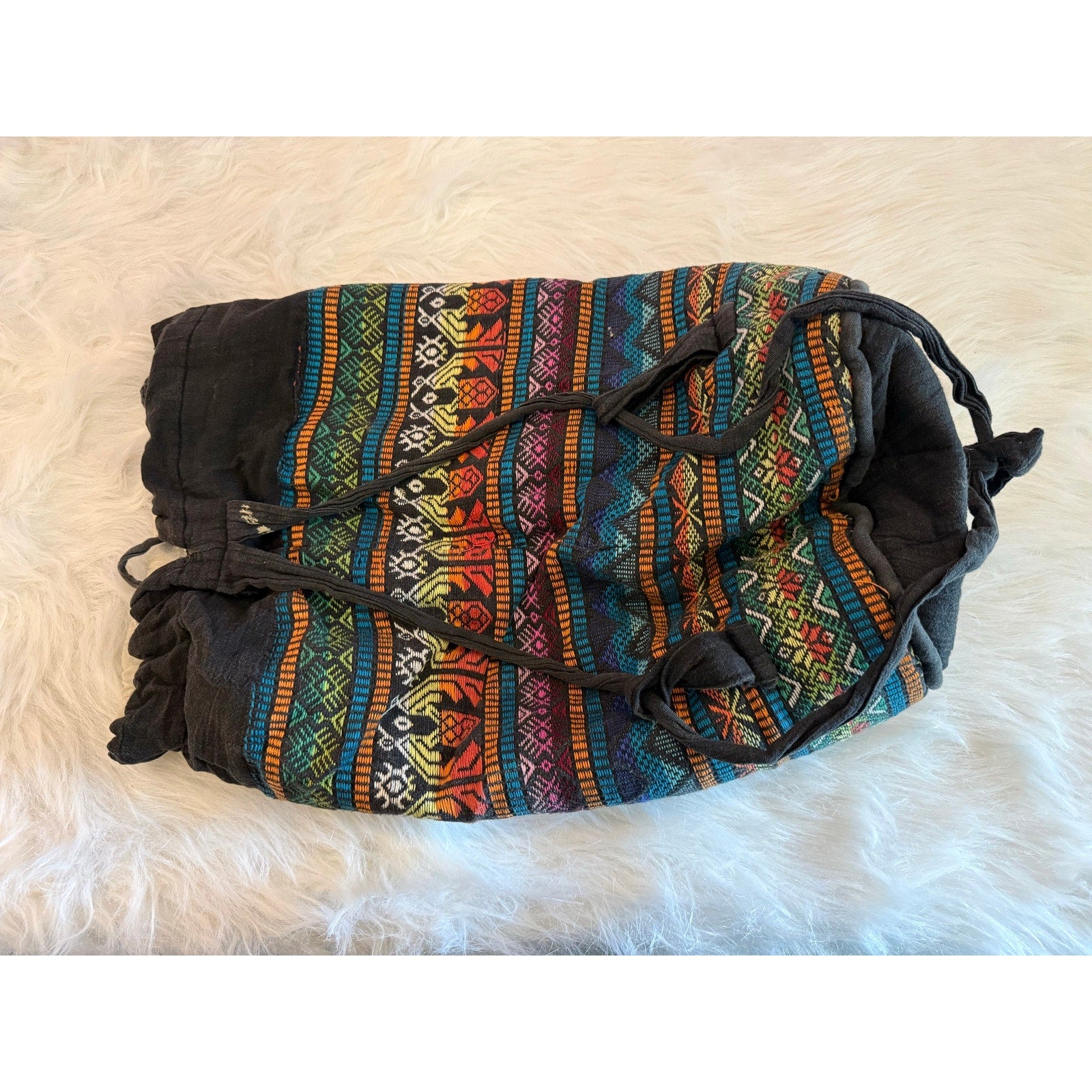 Vtg 80s Padded Aztec Tribal Woven Bucket Backpack Costa Rica Hippie Slouchy Bag