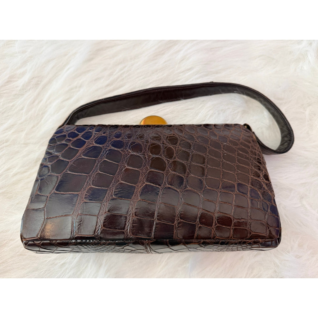 Vintage 1960s Genuine Alligator/Croc Handbag Structured Mid Century Brown Purse