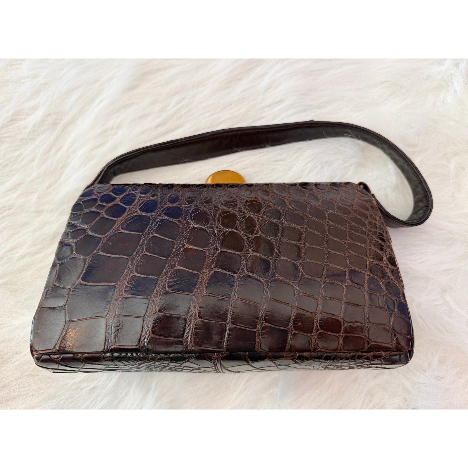 Vintage 1960s Genuine Alligator/Croc Handbag Structured Mid Century Brown Purse