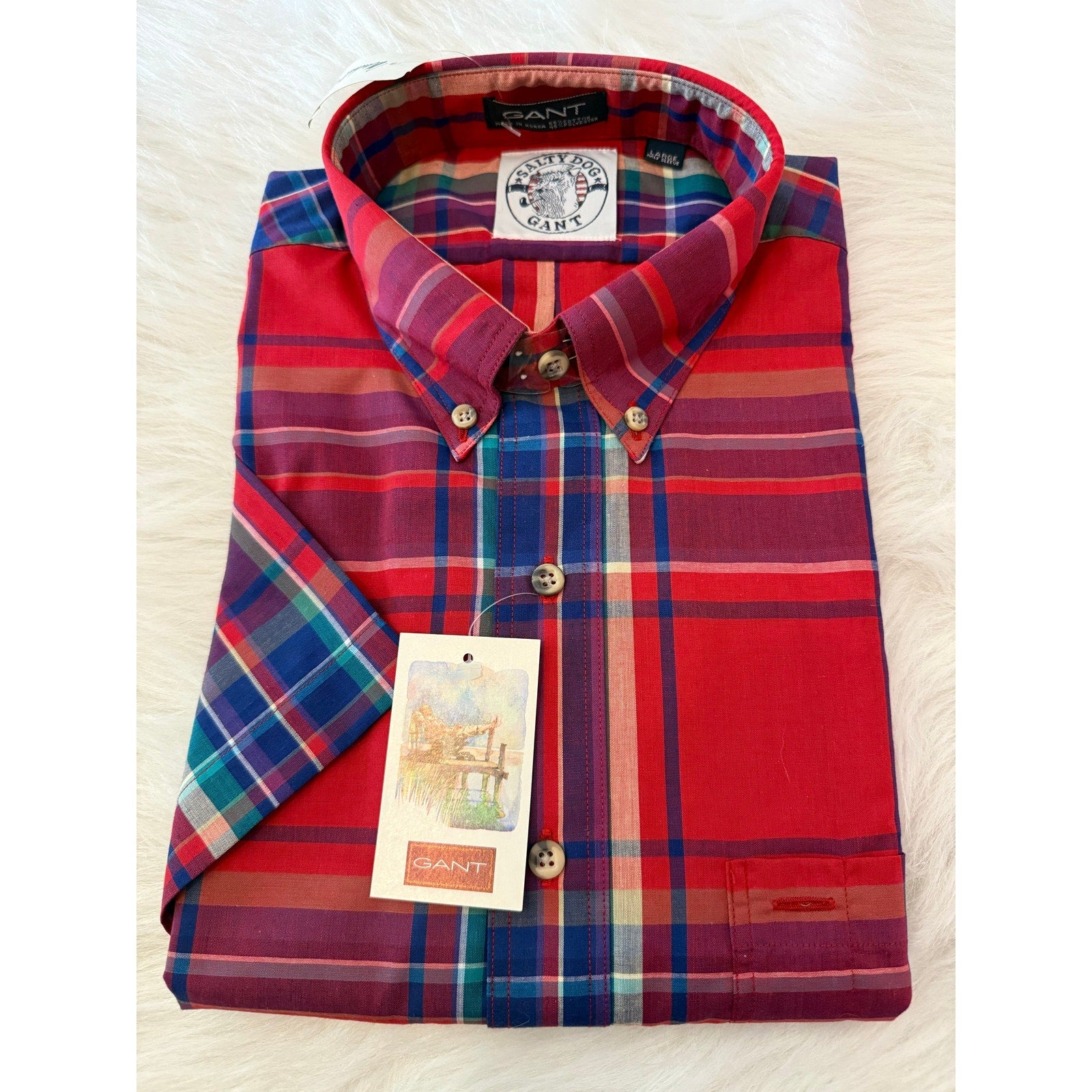 Vintage GANT Salty Dog Plaid Shirt L Short Sleeve Marshall Field's Tag NWT 1991