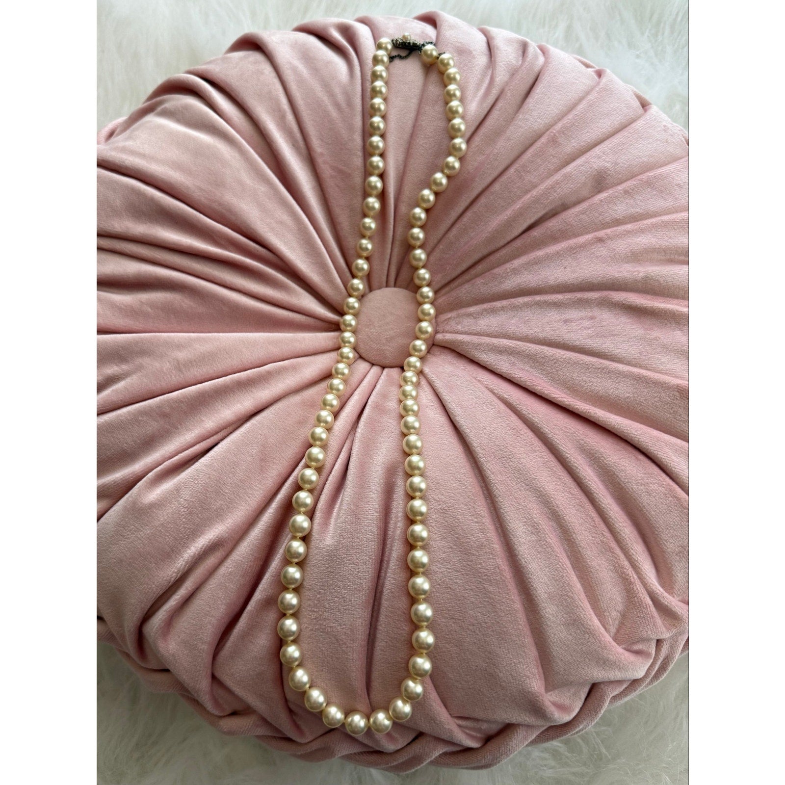 Vintage 1950s Cream Faux Pearl Hand Knotted Matinee Necklace Art Deco Clasp 26"