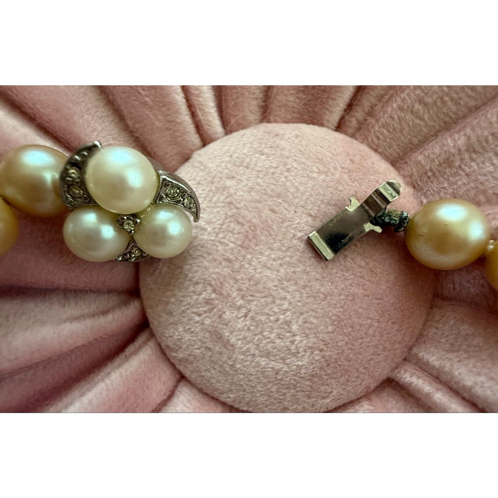 Vintage 1950s Hand-Knotted Faux Pearl Opera Necklace Ornate Rhinestone Clasp
