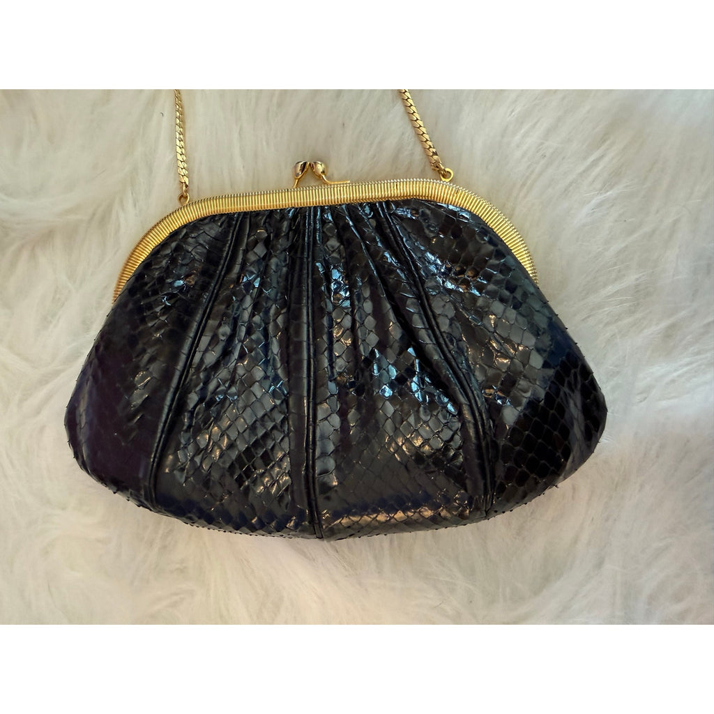 Vintage Judith Leiber Black Snakeskin Frame Clutch Bag 80s Evening Crossbody
