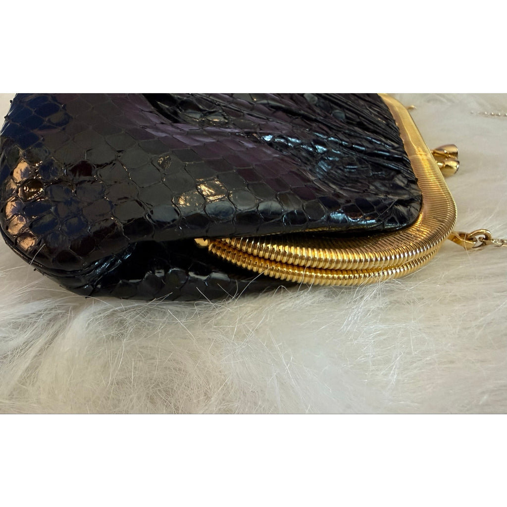 Vintage Judith Leiber Black Snakeskin Frame Clutch Bag 80s Evening Crossbody