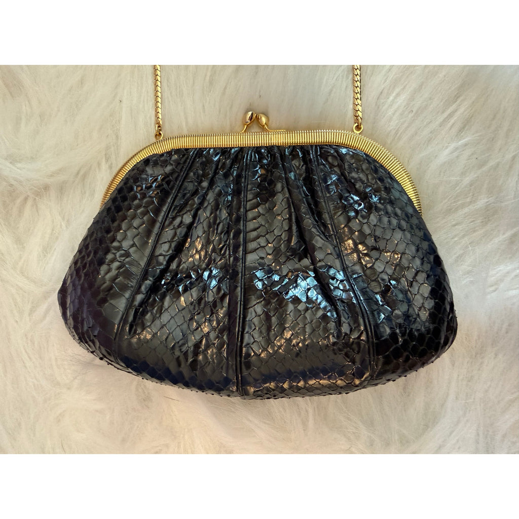 Vintage Judith Leiber Black Snakeskin Frame Clutch Bag 80s Evening Crossbody