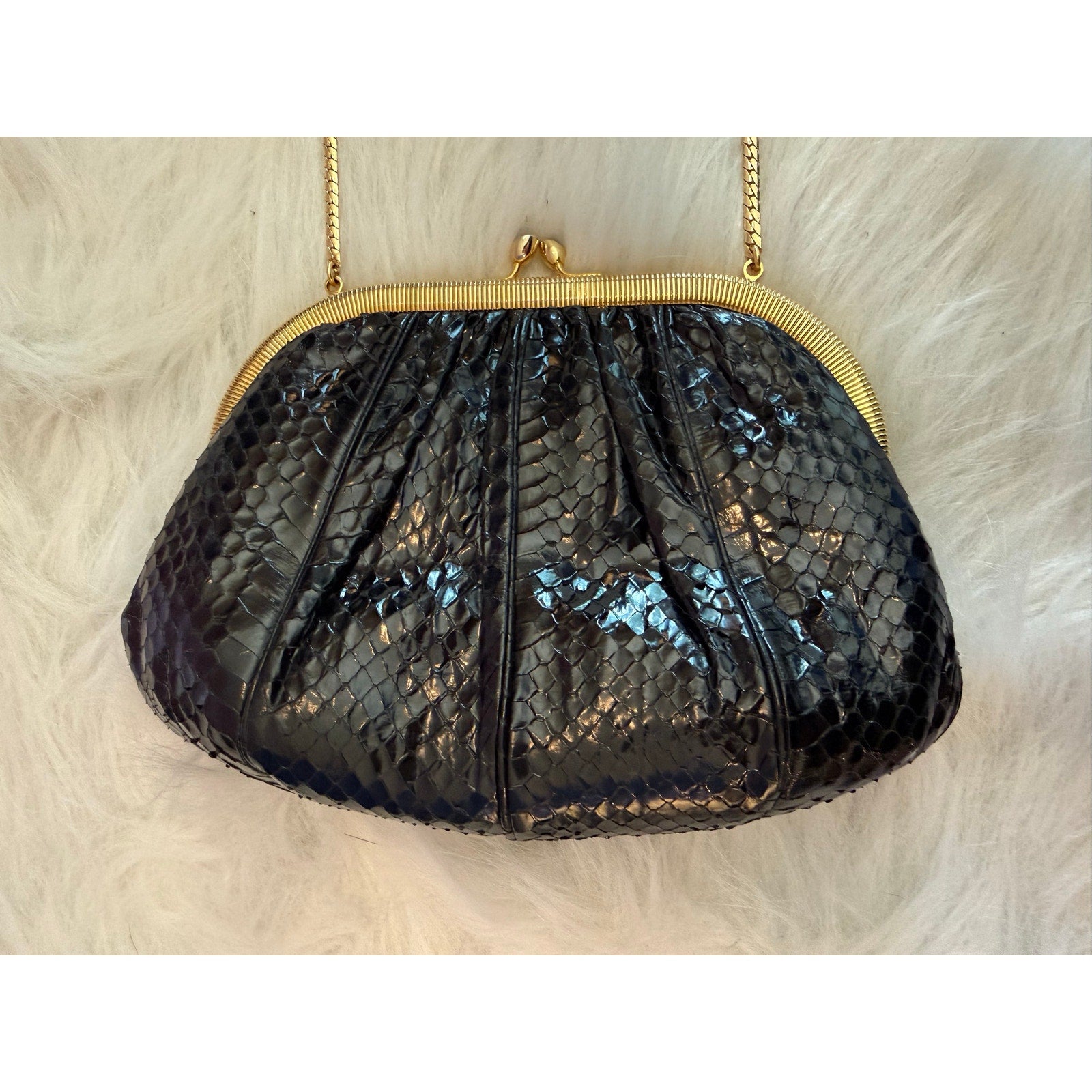 Vintage Judith Leiber Black Snakeskin Frame Clutch Bag 80s Evening Crossbody