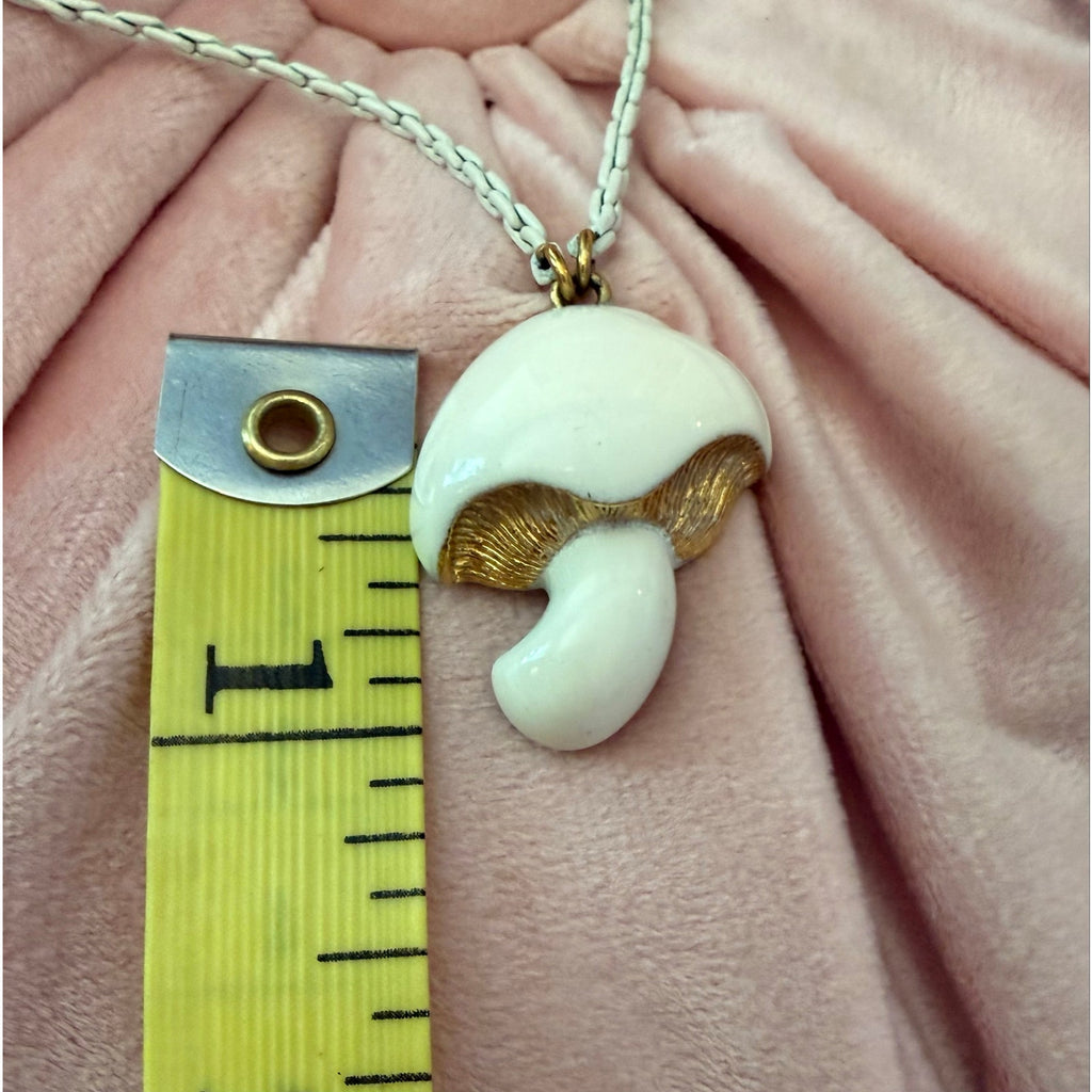Vintage 1970s Signed Monet White Enamel Mushroom Pendant Necklace
