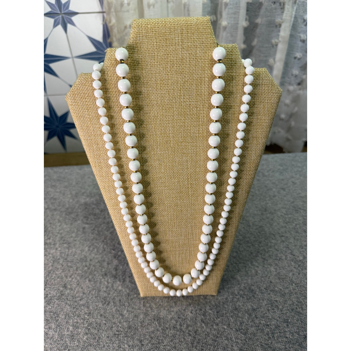 Vintage Monet Lot of 2 White Bead Necklaces 30 Inch Single Strands