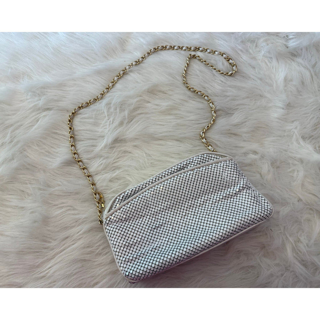 Vintage 80s 90s White Metal Mesh Crossbody Bag Gold Interwoven Chain Evening