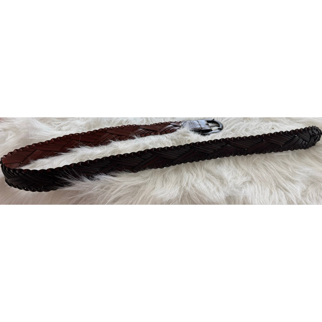 Vintage Y2K Boho Espresso Brown Herringbone Braided Genuine Leather Belt S/M