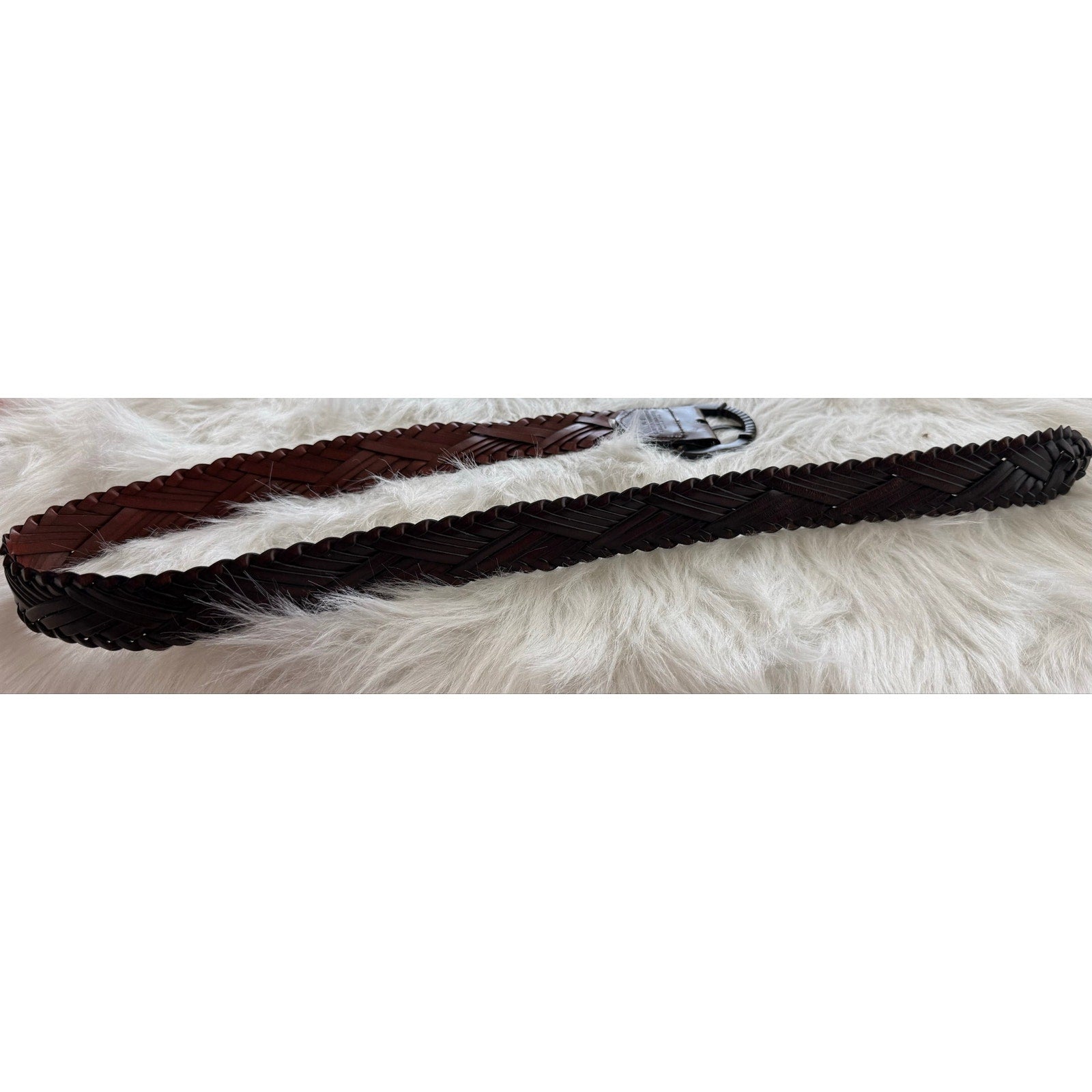 Vintage Y2K Boho Espresso Brown Herringbone Braided Genuine Leather Belt S/M
