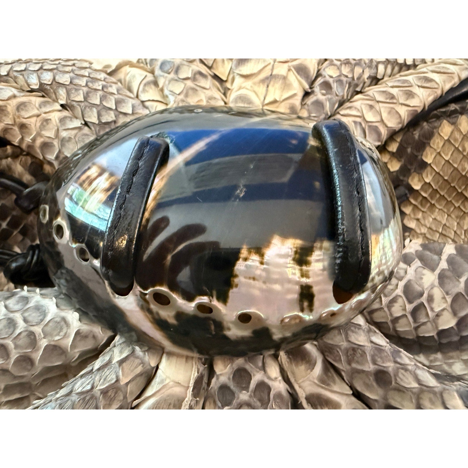 1980s Meyers USA Exotic Python Snakeskin Pouch Bag w/ Abalone Shell Statement