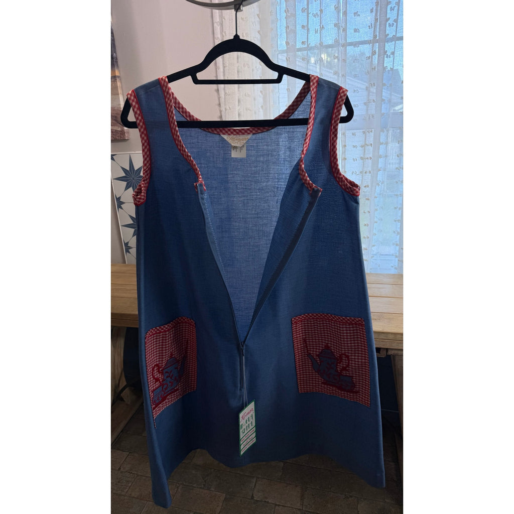 Vintage 1970s Komar In & Out Shift Blue Zipper Front House Dress M With Tags