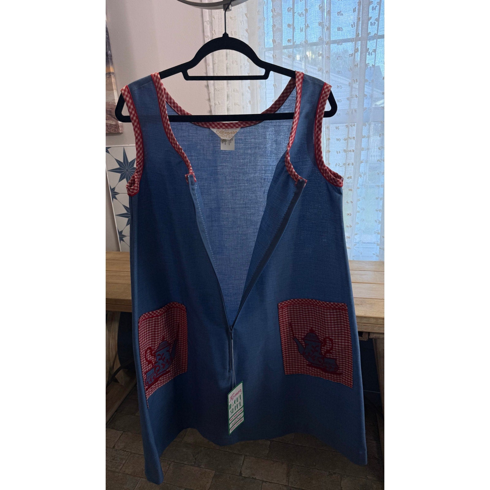 Vintage 1970s Komar In & Out Shift Blue Zipper Front House Dress M With Tags